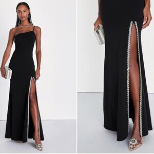 NWT Lulus Absolutely Sensational Black Rhinestone One-Shoulder Maxi Dress Size S